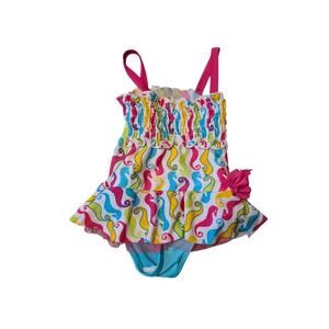RUGGED BEAR seahorsel ruffled baby girls swim suit, 24 mos/2T